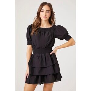 Forever 21 Smocked Puff-Sleeve Mini Dress –‎ Black – Size S